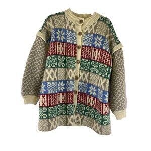 Hand Knit Chunky Wool Sweater Cardigan Tunic Button Fair Isle Heavy Womens M/L